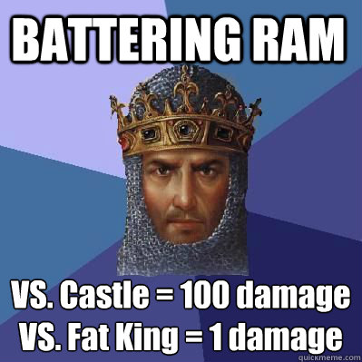BATTERING RAM VS. Castle = 100 damage
VS. Fat King = 1 damage - BATTERING RAM VS. Castle = 100 damage
VS. Fat King = 1 damage  Age of Empires