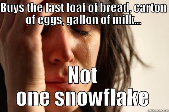 BUYS THE LAST LOAF OF BREAD, CARTON OF EGGS, GALLON OF MILK... NOT ONE SNOWFLAKE First World Problems