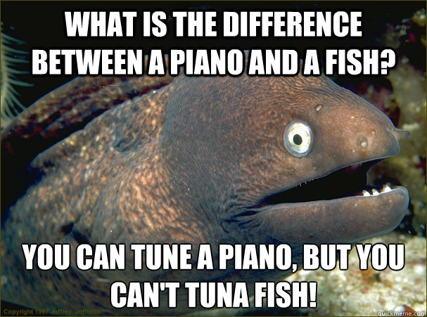 What is the difference between a piano and a fish? You can tune a piano, but you can't Tuna Fish!  Bad Joke Eel