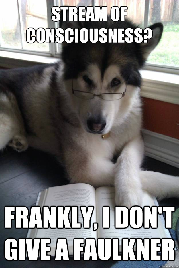 Stream of Consciousness?
   Frankly, I don't give a Faulkner  Condescending Literary Pun Dog