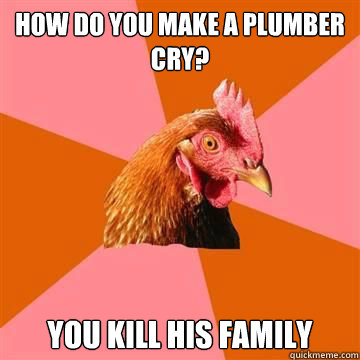 How do you make a plumber cry? You kill his family  True story now anti joke chicken