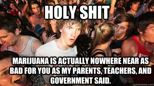 holy shit marijuana is actually nowhere near as bad for you as my parents, teachers, and government said.  Sudden Clarity Clarence