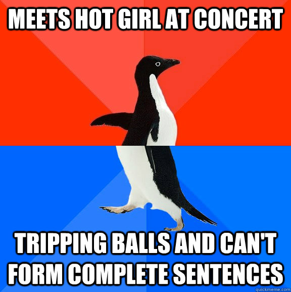 meets hot girl at concert tripping balls and can't form complete sentences  Socially Awesome Awkward Penguin