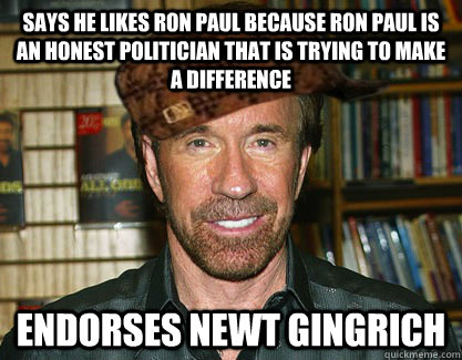 Says he likes Ron Paul because Ron Paul is an honest politician that is trying to make a difference Endorses Newt Gingrich - Says he likes Ron Paul because Ron Paul is an honest politician that is trying to make a difference Endorses Newt Gingrich  Scumbag Chuck Norris