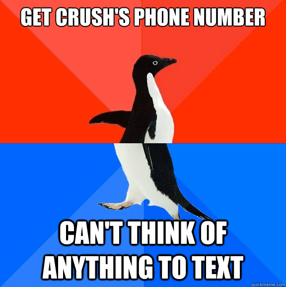 Get crush's phone number can't think of anything to text  Socially Awesome Awkward Penguin