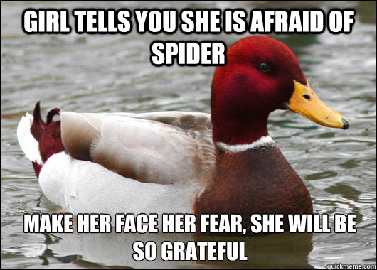 girl tells you she is afraid of spider make her face her fear, she will be so grateful  Malicious Advice Mallard