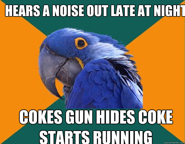 hears a noise out late at night cokes gun hides coke starts running  Paranoid Parrot