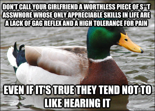 Don't call your girlfriend a worthless piece of s**t asswhore whose only appreciable skills in life are a lack of gag reflex and a high tolerance for pain Even if it's true they tend not to like hearing it  Actual Advice Mallard