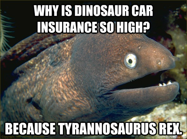 Why is dinosaur car insurance so high? Because tyrannosaurus rex.  Bad Joke Eel