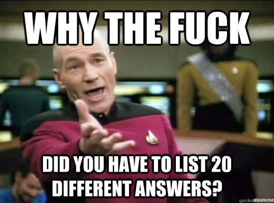 Why the fuck did you have to list 20 different answers?  Annoyed Picard HD