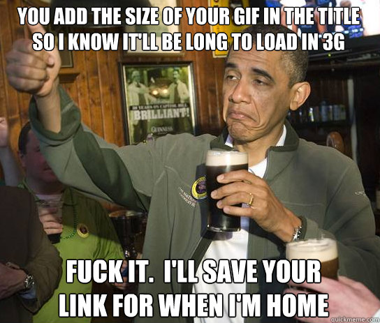 You add the size of your gif in the title so I know it'll be long to load in 3g Fuck it.  I'll save your link for when I'm home  Upvoting Obama