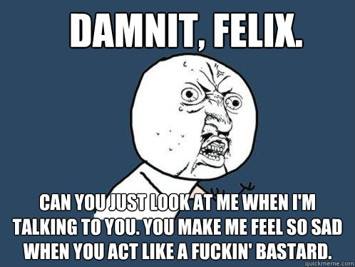 damnit, felix. Can you just look at me when I'm talking to you. You make me feel so sad when you act like a fuckin' bastard.  Y U No
