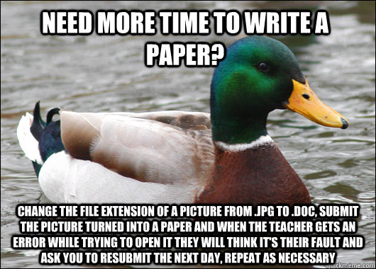 Need more time to write a paper? Change the file extension of a picture from .jpg to .doc, submit the picture turned into a paper and when the teacher gets an error while trying to open it they will think it's their fault and ask you to resubmit the next   Actual Advice Mallard