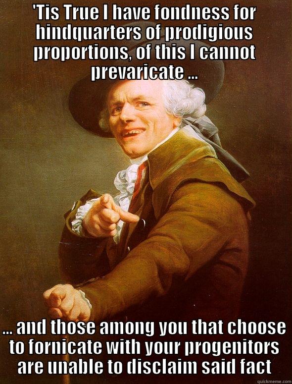 'TIS TRUE I HAVE FONDNESS FOR HINDQUARTERS OF PRODIGIOUS PROPORTIONS, OF THIS I CANNOT PREVARICATE ... ... AND THOSE AMONG YOU THAT CHOOSE TO FORNICATE WITH YOUR PROGENITORS ARE UNABLE TO DISCLAIM SAID FACT Joseph Ducreux