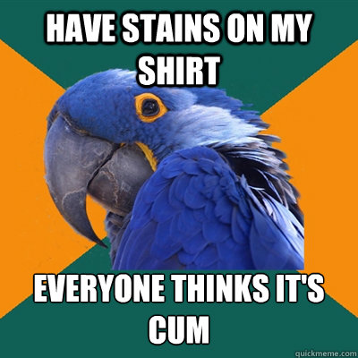 have stains on my shirt everyone thinks it's cum  Paranoid Parrot
