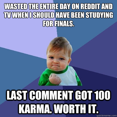 Wasted the entire day on reddit and tv when I should have been studying for finals.
 Last comment got 100 karma. worth it.  Success Kid