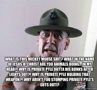 What is this Mickey Mouse shit? What in the name of Jesus H. Christ are YOU animals doing... IN MY HEAD?! Why is Private Pyle outta his bunks after lights out?! Why is Private Pyle holding that weapon?! Why aren't YOU stomping Private Pyle's guts out!? - What is this Mickey Mouse shit? What in the name of Jesus H. Christ are YOU animals doing... IN MY HEAD?! Why is Private Pyle outta his bunks after lights out?! Why is Private Pyle holding that weapon?! Why aren't YOU stomping Private Pyle's guts out!? R Lee Ermy