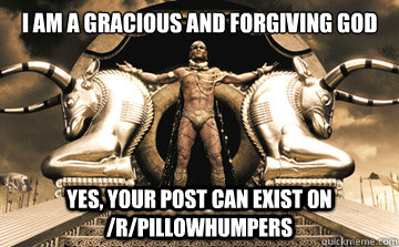 I am a gracious and forgiving god Yes, your post can exist on /r/pillowhumpers  