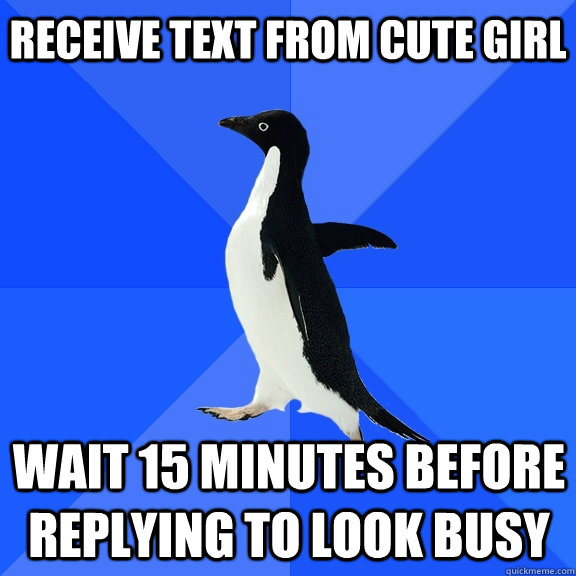receive text from cute girl wait 15 minutes before replying to look busy  Socially Awkward Penguin