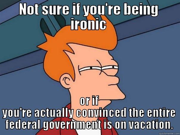 NOT SURE IF YOU'RE BEING IRONIC OR IF YOU'RE ACTUALLY CONVINCED THE ENTIRE FEDERAL GOVERNMENT IS ON VACATION. Futurama Fry
