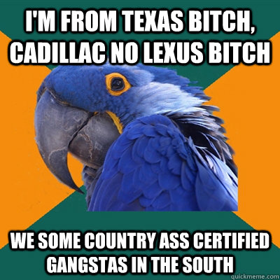 I'm from Texas bitch, Cadillac no Lexus bitch We some country ass certified gangstas in the south   Paranoid Parrot