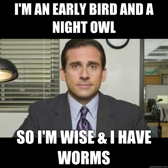 I'M AN EARLY BIRD AND A NIGHT OWL SO I'M WISE & I HAVE WORMS  