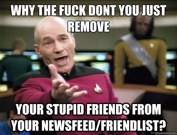 why the fuck don´t you just remove your stupid friends from your newsfeed/friendlist?  Annoyed Picard HD