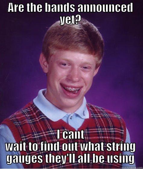 ARE THE BANDS ANNOUNCED YET? I CANT WAIT TO FIND OUT WHAT STRING GAUGES THEY'LL ALL BE USING Bad Luck Brian