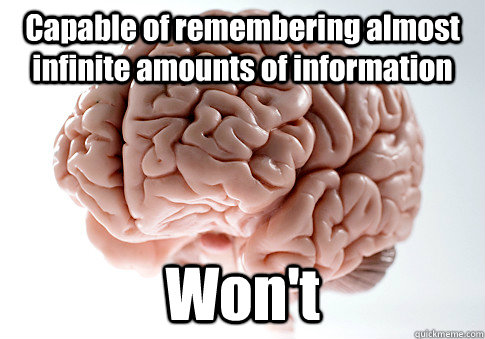 Capable of remembering almost infinite amounts of information Won't   Scumbag Brain