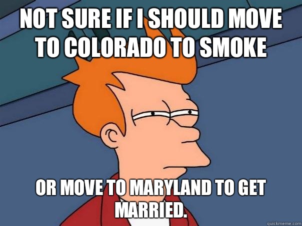 Not sure if I should move to Colorado to smoke or move to Maryland to get married.   Futurama Fry