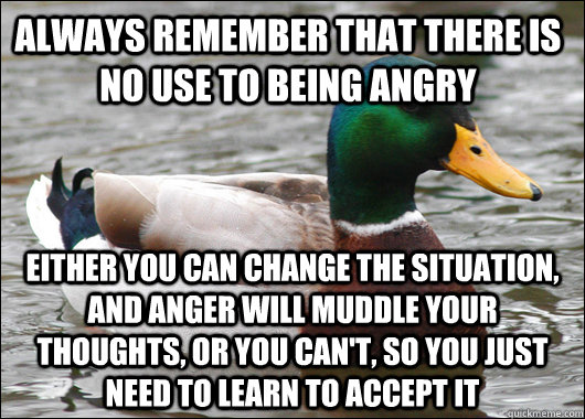 ALWAYS REMEMBER THAT THERE IS NO USE TO BEING ANGRY EITHER YOU CAN CHANGE THE SITUATION, AND ANGER WILL MUDDLE YOUR THOUGHTS, OR YOU CAN'T, SO you just NEED TO LEARN TO ACCEPT IT  Actual Advice Mallard