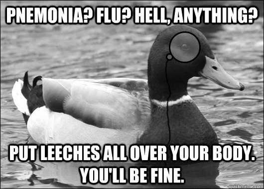 Pnemonia? Flu? Hell, anything? Put leeches all over your body. You'll be fine.  Outdated Advice Mallard