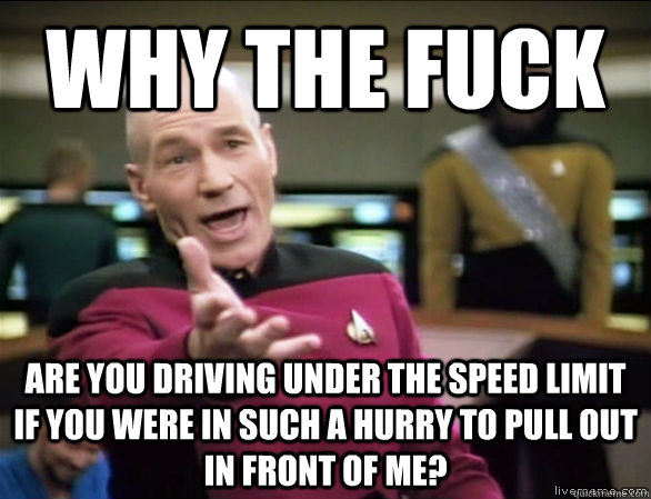 why the fuck are you driving under the speed limit if you were in such a hurry to pull out in front of me? - why the fuck are you driving under the speed limit if you were in such a hurry to pull out in front of me?  Annoyed Picard HD