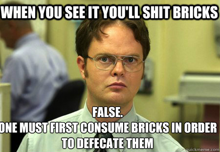 When you see it you'll shit bricks False.
One must first consume bricks in order to defecate them  Schrute