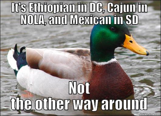 IT'S ETHIOPIAN IN DC, CAJUN IN NOLA, AND MEXICAN IN SD NOT THE OTHER WAY AROUND Actual Advice Mallard