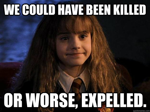 we could have been killed or worse, expelled. - we could have been killed or worse, expelled.  Hermione Priorities