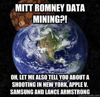 Mitt Romney Data Mining?! Oh, let me also tell you about a shooting in New York, Apple v. Samsung and Lance Armstrong  Scumbag Earth