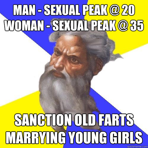 Man - sexual peak @ 20 Woman - sexual peak @ 35
 Sanction old farts marrying young girls  Advice God