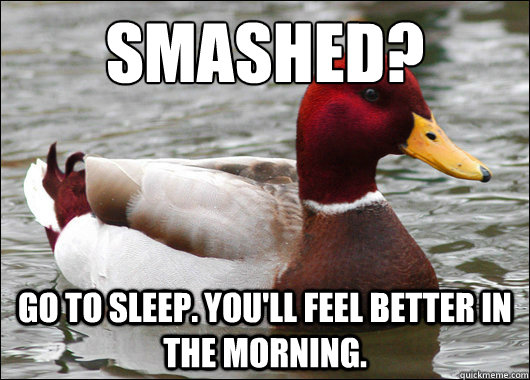 Smashed?
 Go to sleep. You'll feel better in the morning.   Malicious Advice Mallard