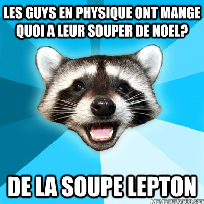 Les guys en physique ont mange quoi a leur souper de Noel? De la soupe lepton  Lame Pun Coon