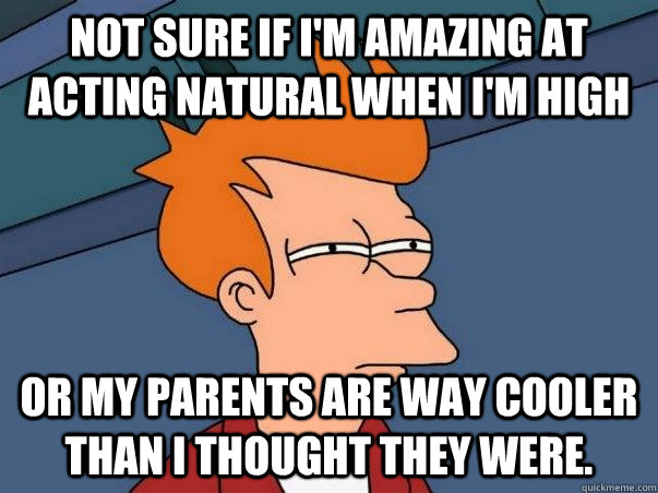 Not sure if i'm amazing at acting natural when i'm high or my parents are way cooler than i thought they were.   Not sure Fry