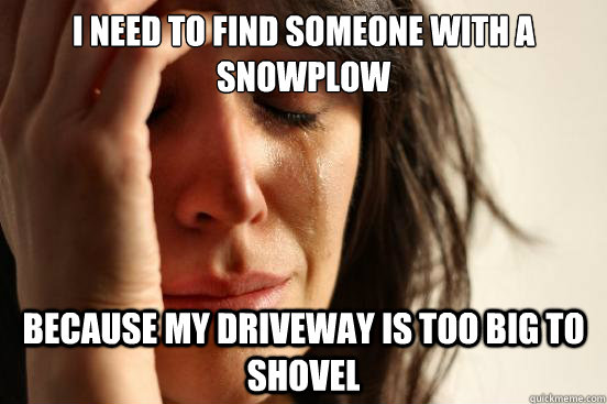 i need to find someone with a snowplow because my driveway is too big to shovel  First World Problems