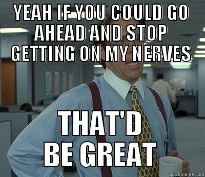 YEAH IF YOU COULD GO AHEAD AND STOP GETTING ON MY NERVES THAT'D BE GREAT Bill Lumbergh