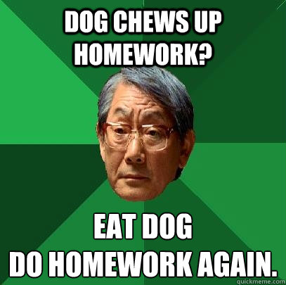 dog chews up homework? eat dog 
do homework again.  High Expectations Asian Father