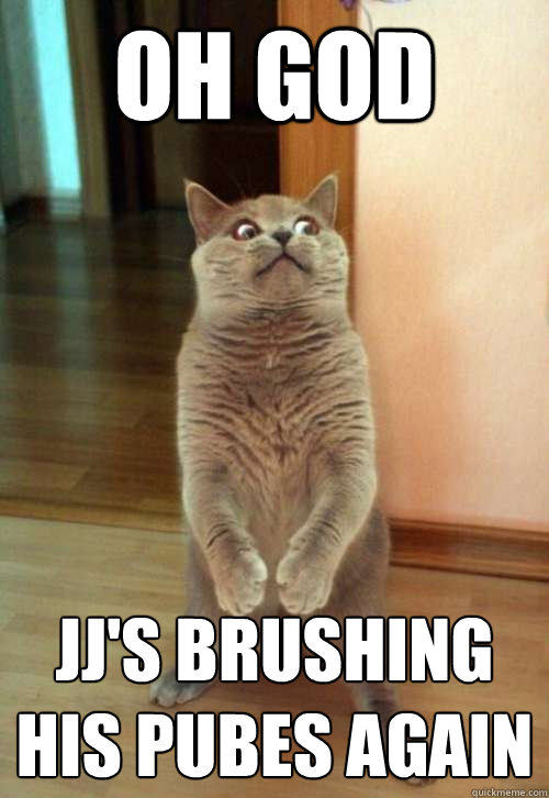 Oh god jj's brushing his pubes again  Horrorcat