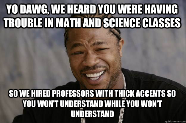 Yo dawg, we heard you were having trouble in math and science classes so we hired professors with thick accents so you won't understand while you won't understand  Xzibit meme