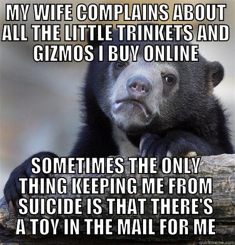 MY WIFE COMPLAINS ABOUT ALL THE LITTLE TRINKETS AND GIZMOS I BUY ONLINE SOMETIMES THE ONLY THING KEEPING ME FROM SUICIDE IS THAT THERE'S A TOY IN THE MAIL FOR ME Confession Bear