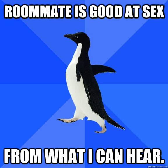Roommate is good at sex from what I can hear.  Socially Awkward Penguin