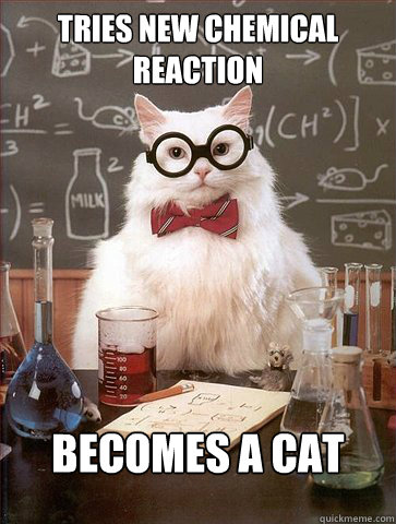 Tries new Chemical reaction

 becomes a cat  Science Cat