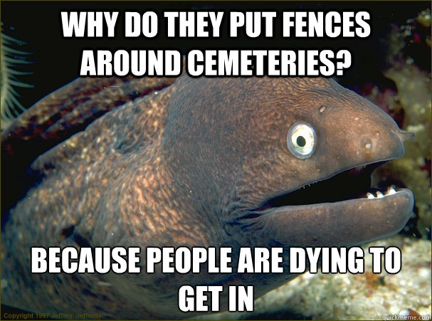 Why do they put fences around cemeteries? Because people are dying to get in - Why do they put fences around cemeteries? Because people are dying to get in  Bad Joke Eel